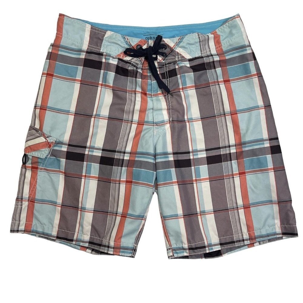Vintage OLD NAVY Men's Plaid Swim Trunks Board Shorts Size Medium Grey Blue Pckt